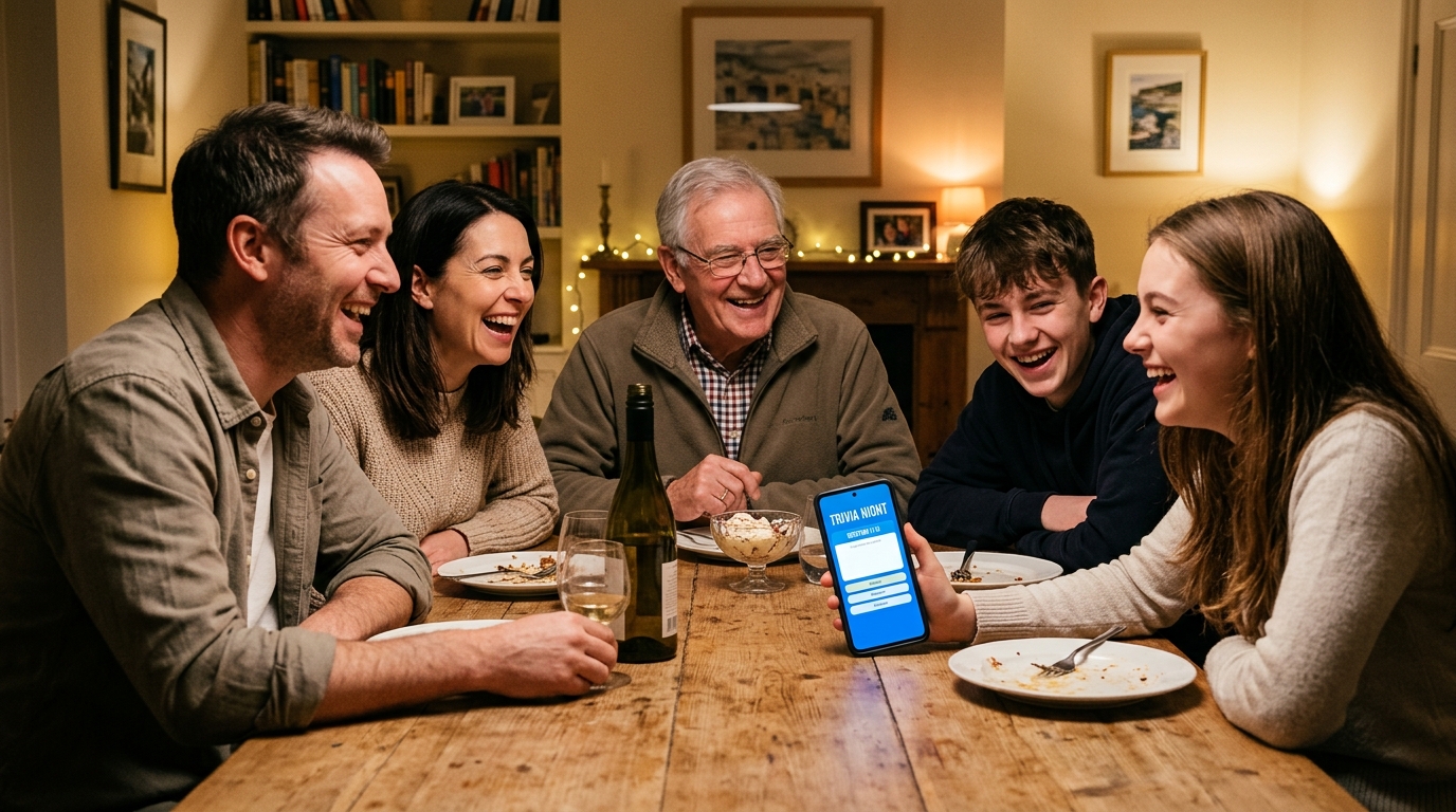 Familia compartiendo una partida de trivia en la mesa