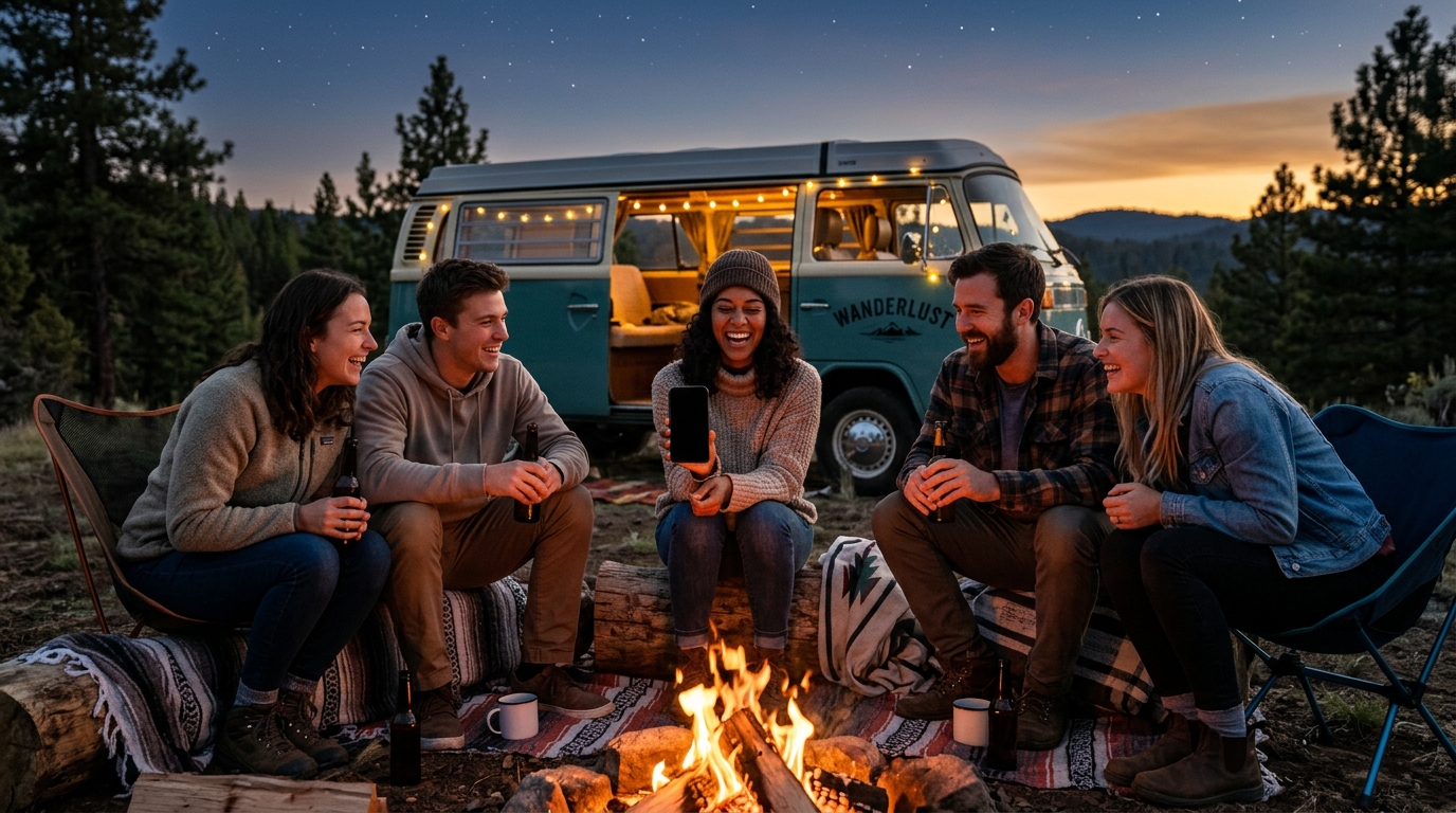 Amigos jugando alrededor de una fogata de camping